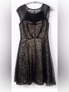 Betsey Johnson Black Gold Sequin Lace Dress Size 8 Fit Flare Party Cocktail
